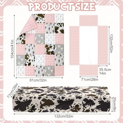 Product: Hahafelt 3 Piece Patchwork Western Crib Bedding Set for Boys Girls Cow Cactus Print Baby Bedding Barnyard Western Nursery Decor Soft Baby Bed Set Includes Quilt Fitted Crib Sheet Bed Skirt (Cowgirls)