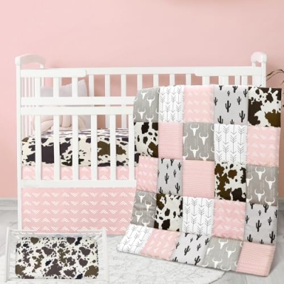 Product: Hahafelt 3 Piece Patchwork Western Crib Bedding Set for Boys Girls Cow Cactus Print Baby Bedding Barnyard Western Nursery Decor Soft Baby Bed Set Includes Quilt Fitted Crib Sheet Bed Skirt (Cowgirls)