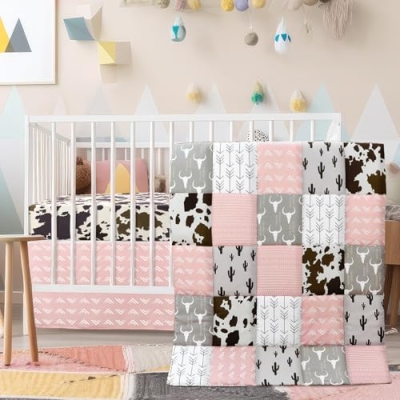 Product: Hahafelt 3 Piece Patchwork Western Crib Bedding Set for Boys Girls Cow Cactus Print Baby Bedding Barnyard Western Nursery Decor Soft Baby Bed Set Includes Quilt Fitted Crib Sheet Bed Skirt (Cowgirls)