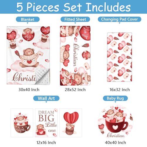 Product: Hatchaa Personalized Baby Crib Bedding Set, 5 Pcs Custom Name Bedding Set for Girls Boys, Red Bear Baby Crib Set, Double Layer Nursery Bedding Set for Infants Toddlers Newborn Customized Gifts