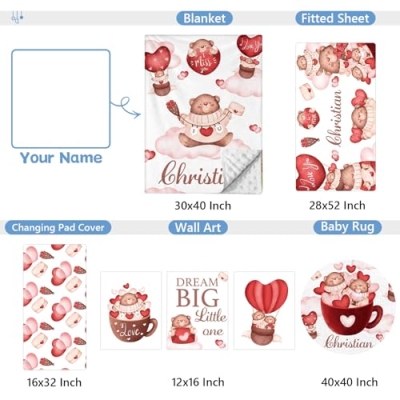 Personalized Red Bear Baby Crib Bedding Set, KAINSY 5 Piece Custom Nursery Set, 32.5cm 15 Product: KAINSY Custom Crib Bedding Set, 5 Pcs Personalized Name Red Bear Theme Baby Crib Set for Infants Toddlers, Double Layer Nursery Bedding Set for Baby Boys Girls, New Parents Customized Birthday Gifts