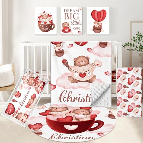 KAINSY Custom Crib Bedding Set, 5 Pcs Personalized Name Red Bear Theme Baby Crib Set for Infants Toddlers, Double Layer Nursery Bedding Set for Baby Boys Girls, New Parents Customized Birthday Gifts - Crib Bedding Sets Product: KAINSY Custom Crib Bedding Set, 5 Pcs Personalized Name Red Bear Theme Baby Crib Set for Infants Toddlers, Double Layer Nursery Bedding Set for Baby Boys Girls, New Parents Customized Birthday Gifts
