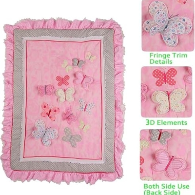Product: mitoobaby Pink Butterfly 3D Embroidered Crib Bedding Set, Ruffled Edge Cotton Blend Nursery Bedding for Baby Girls, Fits Standard Crib Mattress