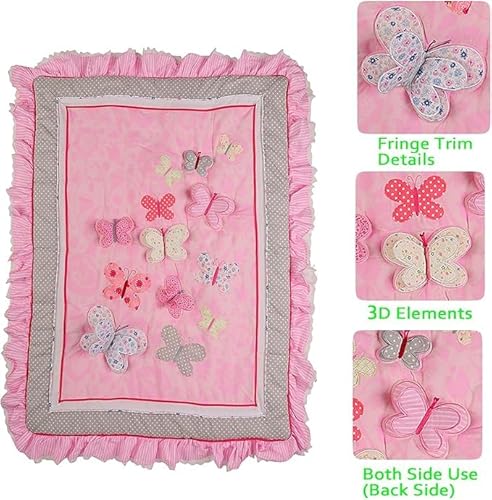 Product: mitoobaby Pink Butterfly 3D Embroidered Crib Bedding Set, Ruffled Edge Cotton Blend Nursery Bedding for Baby Girls, Fits Standard Crib Mattress
