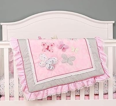 Product: mitoobaby Pink Butterfly 3D Embroidered Crib Bedding Set, Ruffled Edge Cotton Blend Nursery Bedding for Baby Girls, Fits Standard Crib Mattress