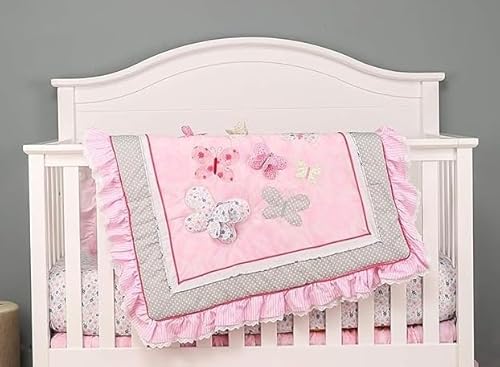 Product: mitoobaby Pink Butterfly 3D Embroidered Crib Bedding Set, Ruffled Edge Cotton Blend Nursery Bedding for Baby Girls, Fits Standard Crib Mattress