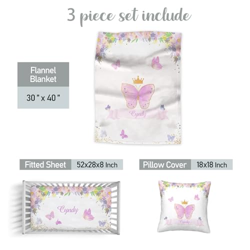 Personalized Baby Girl Crib Bedding Set, Butterfly Floral Nursery Bedding, 3 Piece Flannel Crib Set, 32.5cm 1 Product: Munific Custom Baby Crib Bedding Sets, 3 Butterfly Floral Piece Personalized Name Baby Bedding Set, Soft Blanket, Fitted Sheet, Pillowcase for Infant Newborn Nursery Bedding Gift for Girls