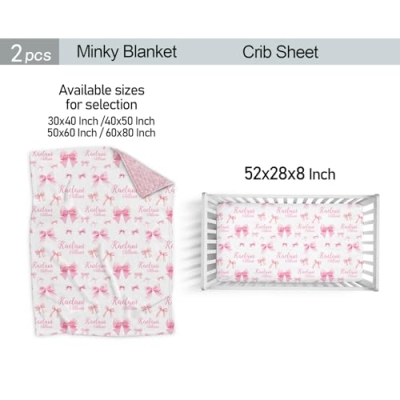 Personalized Baby Girl Crib Bedding Set, Pink Bow Name Crib Minky Blanket and Fitted Sheet, 2 Piece Set, 2pc 9 Product: Munific Custom Baby Girl Crib Bedding Set – Personalized Pink Bow Nursery Bedding with Name, 2 Piece Set Includes Crib Minky Blanket & Fitted Sheet for Newborns and Infants