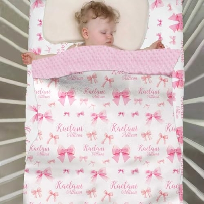 Personalized Baby Girl Crib Bedding Set, Pink Bow Name Crib Minky Blanket and Fitted Sheet, 2 Piece Set, 2pc 7 Product: Munific Custom Baby Girl Crib Bedding Set – Personalized Pink Bow Nursery Bedding with Name, 2 Piece Set Includes Crib Minky Blanket & Fitted Sheet for Newborns and Infants