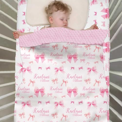 Personalized Baby Girl Crib Bedding Set, Pink Bow Name Crib Minky Blanket and Fitted Sheet, 2 Piece Set, 2pc 1 Product: Munific Custom Baby Girl Crib Bedding Set – Personalized Pink Bow Nursery Bedding with Name, 2 Piece Set Includes Crib Minky Blanket & Fitted Sheet for Newborns and Infants