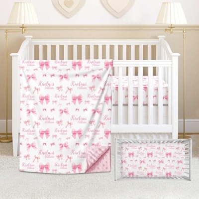Product: Munific Custom Baby Girl Crib Bedding Set – Personalized Pink Bow Nursery Bedding with Name, 2 Piece Set Includes Crib Minky Blanket & Fitted Sheet for Newborns and Infants