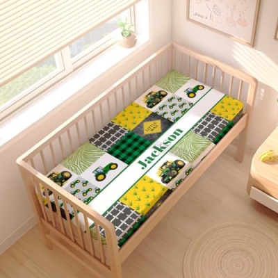 Personalized Green Tractor Baby Crib Bedding Set, 3 Piece Nursery Set, Custom Name, Soft Blanket, Fitted Sheet, Pillowcase, 32.5cm 8 Product: Munific Personalized Baby Crib Bedding Set – 3 Piece Green Tractor Nursery Set with Custom Name, Soft Blanket, Fitted Crib Sheet & Pillowcase for Newborn, Infant Boys Girls Gift