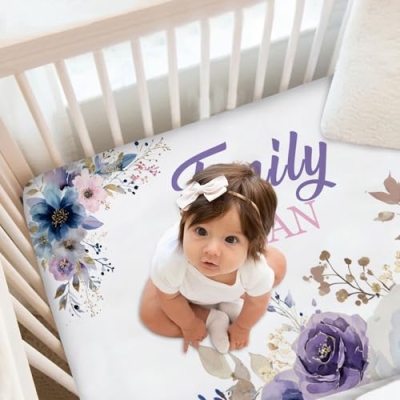 Personalized Baby Girl Crib Bedding Set, Floral Purple Nursery Set, 3 Pcs Soft Blanket Fitted Sheet Pillowcase, Custom Name 3Pcs 9 Product: Munific Personalized Baby Crib Bedding Sets for Girls – Custom Name 3 Pcs Floral Purple Nursery Set with Soft Blanket, Fitted Sheet & Pillowcase for Newborn or Infant Gift