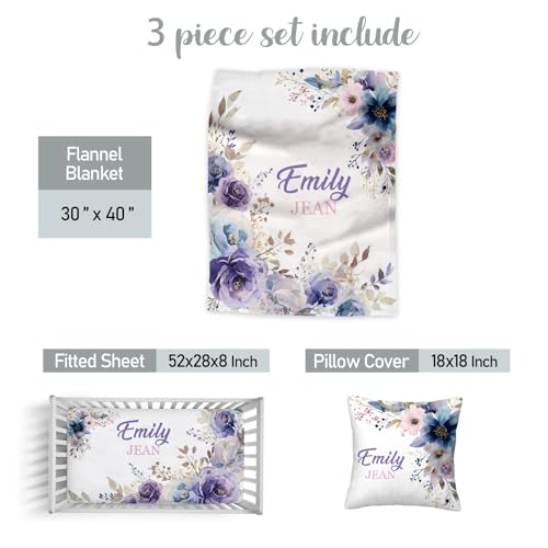 Personalized Baby Girl Crib Bedding Set, Floral Purple Nursery Set, 3 Pcs Soft Blanket Fitted Sheet Pillowcase, Custom Name 3Pcs 1 Product: Munific Personalized Baby Crib Bedding Sets for Girls – Custom Name 3 Pcs Floral Purple Nursery Set with Soft Blanket, Fitted Sheet & Pillowcase for Newborn or Infant Gift