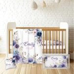 Product: Munific Personalized Baby Crib Bedding Sets for Girls – Custom Name 3 Pcs Floral Purple Nursery Set with Soft Blanket, Fitted Sheet & Pillowcase for Newborn or Infant Gift