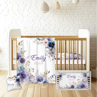 Product: Munific Personalized Baby Crib Bedding Sets for Girls – Custom Name 3 Pcs Floral Purple Nursery Set with Soft Blanket, Fitted Sheet & Pillowcase for Newborn or Infant Gift