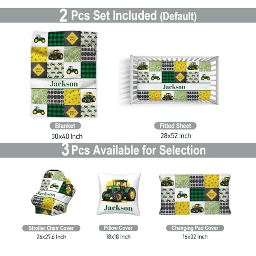 Personalized Green Tractor Baby Crib Bedding Set, Flannel Blanket Fitted Crib Sheet with Name, Farm Nursery, 2-Piece 3 Product: Munific Personalized Green Tractor Baby Crib Bedding Set – Custom 2-Piece Nursery Set for Boys with Name, Flannel Blanket & Fitted Crib Sheet for Newborn, Infant, Toddler