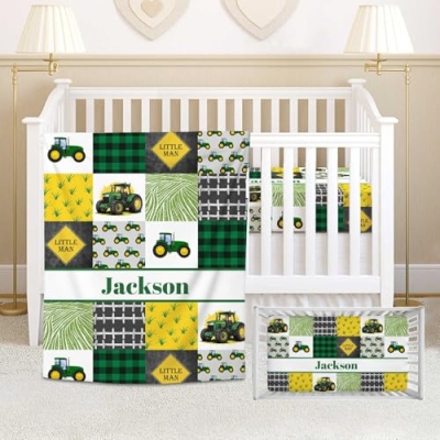 Product: Munific Personalized Green Tractor Baby Crib Bedding Set – Custom 2-Piece Nursery Set for Boys with Name, Flannel Blanket & Fitted Crib Sheet for Newborn, Infant, Toddler