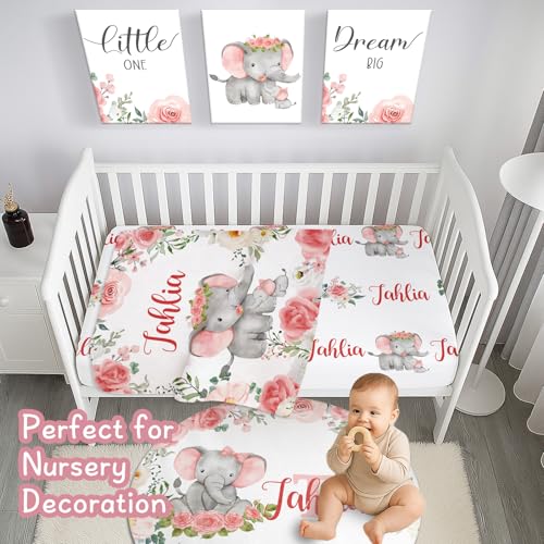Personalized Baby Crib Bedding Set, Custom Name Elephant Floral Nursery, 5 Piece Baby Bedding Set, 40x40in 5 Product: Personalized Baby Crib Bedding Set, 5 Piece Custom Name Baby Crib Bedding with Blanket, Fitted Sheet, Rug, Changing Pad Cover, Wall Art for Infant Toddler Boys Girls, Gift, Elephant Floral Theme