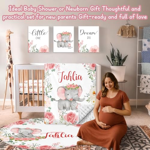 Personalized Baby Crib Bedding Set, Custom Name Elephant Floral Nursery, 5 Piece Baby Bedding Set, 40x40in 4 Product: Personalized Baby Crib Bedding Set, 5 Piece Custom Name Baby Crib Bedding with Blanket, Fitted Sheet, Rug, Changing Pad Cover, Wall Art for Infant Toddler Boys Girls, Gift, Elephant Floral Theme