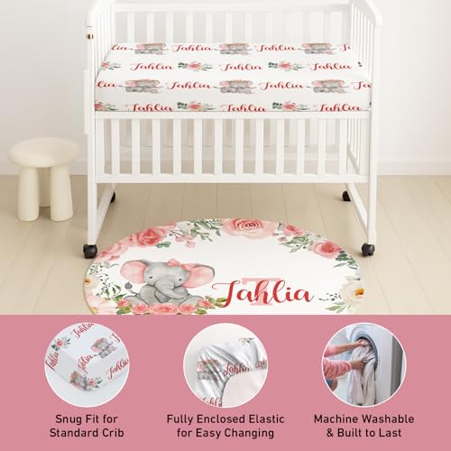 Personalized Baby Crib Bedding Set, Custom Name Elephant Floral Nursery, 5 Piece Baby Bedding Set, 40x40in 2 Product: Personalized Baby Crib Bedding Set, 5 Piece Custom Name Baby Crib Bedding with Blanket, Fitted Sheet, Rug, Changing Pad Cover, Wall Art for Infant Toddler Boys Girls, Gift, Elephant Floral Theme