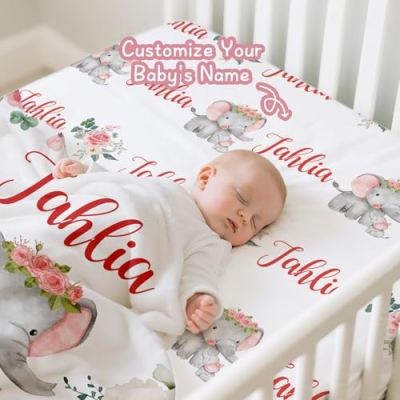 Personalized Baby Crib Bedding Set, Custom Name Elephant Floral Nursery, 5 Piece Baby Bedding Set, 40x40in 13 Product: Personalized Baby Crib Bedding Set, 5 Piece Custom Name Baby Crib Bedding with Blanket, Fitted Sheet, Rug, Changing Pad Cover, Wall Art for Infant Toddler Boys Girls, Gift, Elephant Floral Theme