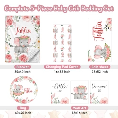 Personalized Baby Crib Bedding Set, Custom Name Elephant Floral Nursery, 5 Piece Baby Bedding Set, 40x40in 8 Product: Personalized Baby Crib Bedding Set, 5 Piece Custom Name Baby Crib Bedding with Blanket, Fitted Sheet, Rug, Changing Pad Cover, Wall Art for Infant Toddler Boys Girls, Gift, Elephant Floral Theme