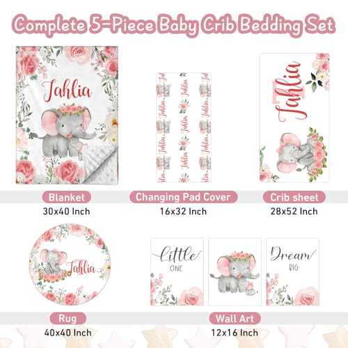 Personalized Baby Crib Bedding Set, Custom Name Elephant Floral Nursery, 5 Piece Baby Bedding Set, 40x40in 1 Product: Personalized Baby Crib Bedding Set, 5 Piece Custom Name Baby Crib Bedding with Blanket, Fitted Sheet, Rug, Changing Pad Cover, Wall Art for Infant Toddler Boys Girls, Gift, Elephant Floral Theme