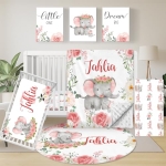 Product: Personalized Baby Crib Bedding Set, 5 Piece Custom Name Baby Crib Bedding with Blanket, Fitted Sheet, Rug, Changing Pad Cover, Wall Art for Infant Toddler Boys Girls, Gift, Elephant Floral Theme