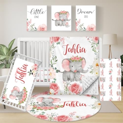 Product: Personalized Baby Crib Bedding Set, 5 Piece Custom Name Baby Crib Bedding with Blanket, Fitted Sheet, Rug, Changing Pad Cover, Wall Art for Infant Toddler Boys Girls, Gift, Elephant Floral Theme