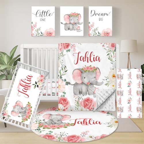 Personalized Baby Crib Bedding Set, 5 Piece Custom Name Baby Crib Bedding with Blanket, Fitted Sheet, Rug, Changing Pad Cover, Wall Art for Infant Toddler Boys Girls, Gift, Elephant Floral Theme - Crib Bedding Sets Product: Personalized Baby Crib Bedding Set, 5 Piece Custom Name Baby Crib Bedding with Blanket, Fitted Sheet, Rug, Changing Pad Cover, Wall Art for Infant Toddler Boys Girls, Gift, Elephant Floral Theme