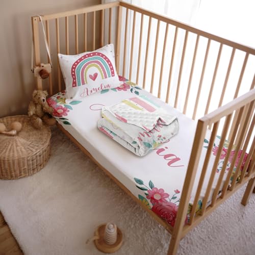 Product: Personalized Crib Bedding Set, Custom Name Newborn Baby Toddler Nursery Set with Blanket, Fitted Sheet, Pillowcase, for Girls Boys Newborn Gifts Rainbow Theme(Fixed Size)