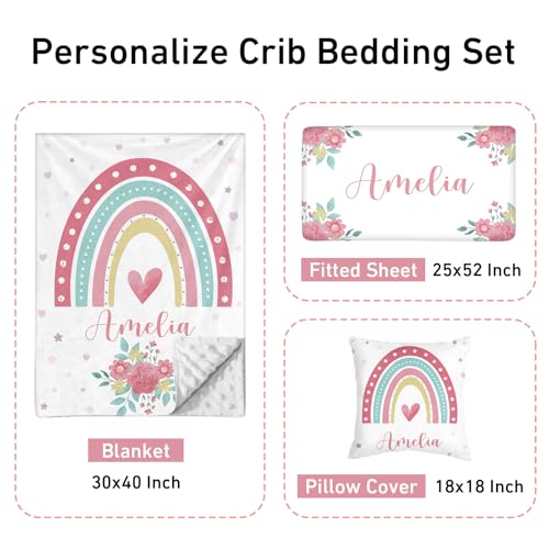 Product: Personalized Crib Bedding Set, Custom Name Newborn Baby Toddler Nursery Set with Blanket, Fitted Sheet, Pillowcase, for Girls Boys Newborn Gifts Rainbow Theme(Fixed Size)