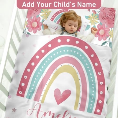Product: Personalized Crib Bedding Set, Custom Name Newborn Baby Toddler Nursery Set with Blanket, Fitted Sheet, Pillowcase, for Girls Boys Newborn Gifts Rainbow Theme(Fixed Size)