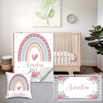 Product: Personalized Crib Bedding Set, Custom Name Newborn Baby Toddler Nursery Set with Blanket, Fitted Sheet, Pillowcase, for Girls Boys Newborn Gifts Rainbow Theme(Fixed Size)