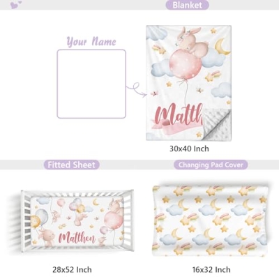 Product: Sunamd Custom Baby Crib Bedding Set, 3 PCS Personalized Name Pink Rabbit Theme Toddler Crib Sets, Double Layer Flannel Nursery Bedding Sets for Girls Boys, Baby Bed Set for Infant Kid Newborn Gifts