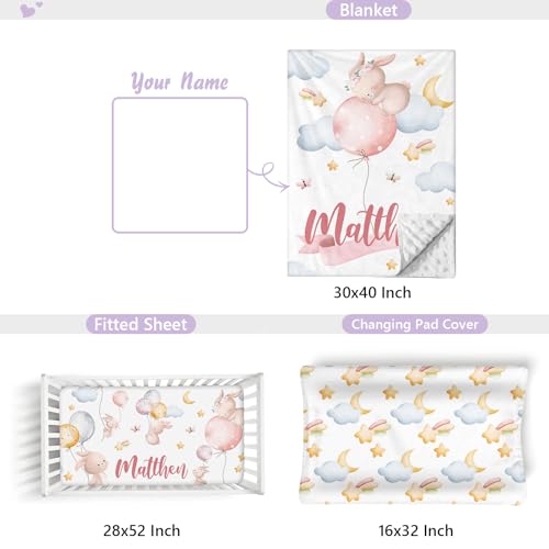 Product: Sunamd Custom Baby Crib Bedding Set, 3 PCS Personalized Name Pink Rabbit Theme Toddler Crib Sets, Double Layer Flannel Nursery Bedding Sets for Girls Boys, Baby Bed Set for Infant Kid Newborn Gifts