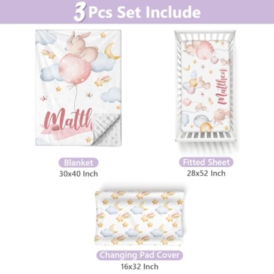 Product: Sunamd Custom Baby Crib Bedding Set, 3 PCS Personalized Name Pink Rabbit Theme Toddler Crib Sets, Double Layer Flannel Nursery Bedding Sets for Girls Boys, Baby Bed Set for Infant Kid Newborn Gifts