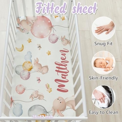 Product: Sunamd Custom Baby Crib Bedding Set, 3 PCS Personalized Name Pink Rabbit Theme Toddler Crib Sets, Double Layer Flannel Nursery Bedding Sets for Girls Boys, Baby Bed Set for Infant Kid Newborn Gifts