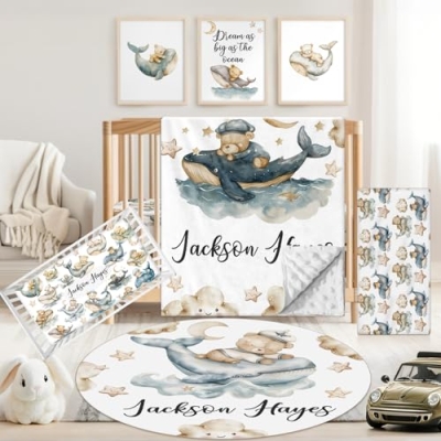 Product: Sunamd Custom Baby Crib Bedding Set, 5 PCS Personalized Name Baby Crib Sets for Girls Boys, Sleeping Bear Theme Nursery Bedding Sets for Infant Toddler, Double Layer Flannel Bed Set Customized Gifts