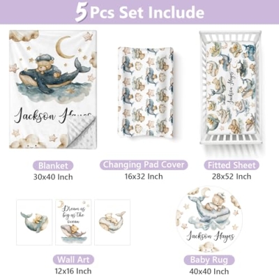 Personalized Baby Crib Bedding Set, 5 Piece Custom Name Nursery Decor, Soft Dotted Blanket, Breathable Cotton, 5 PCS 10 Product: Sunamd Custom Baby Crib Bedding Set, 5 PCS Personalized Name Baby Crib Sets for Girls Boys, Sleeping Bear Theme Nursery Bedding Sets for Infant Toddler, Double Layer Flannel Bed Set Customized Gifts