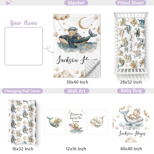 Personalized Baby Crib Bedding Set, 5 Piece Custom Name Nursery Decor, Soft Dotted Blanket, Breathable Cotton, 5 PCS 8 Product: Sunamd Custom Baby Crib Bedding Set, 5 PCS Personalized Name Baby Crib Sets for Girls Boys, Sleeping Bear Theme Nursery Bedding Sets for Infant Toddler, Double Layer Flannel Bed Set Customized Gifts