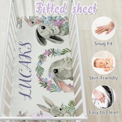 Personalized Rabbit Theme Custom Crib Bedding Set, Sunamd 3 Piece Baby Bed Set, Baby Name, 32.5cm 10 Product: Sunamd Custom Crib Bedding Set - Personalized Name Nursery Bedding Sets, 3 PCS Rabbit Theme Baby Crib Bedding Set for Girls Boys, Double Layer Baby Bed Sets for Infant Toddler Newborn Customized Gifts