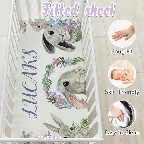 Personalized Rabbit Theme Custom Crib Bedding Set, Sunamd 3 Piece Baby Bed Set, Baby Name, 32.5cm 3 Product: Sunamd Custom Crib Bedding Set - Personalized Name Nursery Bedding Sets, 3 PCS Rabbit Theme Baby Crib Bedding Set for Girls Boys, Double Layer Baby Bed Sets for Infant Toddler Newborn Customized Gifts