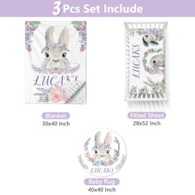 Personalized Rabbit Theme Custom Crib Bedding Set, Sunamd 3 Piece Baby Bed Set, Baby Name, 32.5cm 8 Product: Sunamd Custom Crib Bedding Set - Personalized Name Nursery Bedding Sets, 3 PCS Rabbit Theme Baby Crib Bedding Set for Girls Boys, Double Layer Baby Bed Sets for Infant Toddler Newborn Customized Gifts