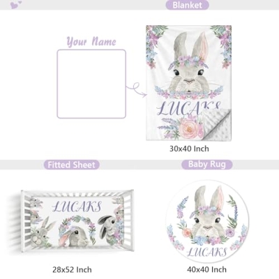 Personalized Rabbit Theme Custom Crib Bedding Set, Sunamd 3 Piece Baby Bed Set, Baby Name, 32.5cm 13 Product: Sunamd Custom Crib Bedding Set - Personalized Name Nursery Bedding Sets, 3 PCS Rabbit Theme Baby Crib Bedding Set for Girls Boys, Double Layer Baby Bed Sets for Infant Toddler Newborn Customized Gifts