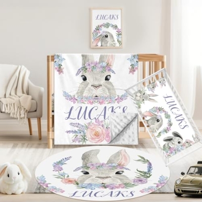 Product: Sunamd Custom Crib Bedding Set - Personalized Name Nursery Bedding Sets, 3 PCS Rabbit Theme Baby Crib Bedding Set for Girls Boys, Double Layer Baby Bed Sets for Infant Toddler Newborn Customized Gifts
