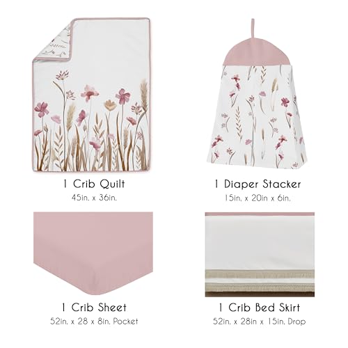 Sweet Jojo Designs Boho Pink Floral Baby Crib Bedding Set, Girls Nursery 4 Piece, 45in x 36in 1 Product: Sweet Jojo Designs Boho Pink Floral Baby Crib Bedding Set for Girls - 4pc with Infant Nursery Blanket Sheet Skirt Diaper Stacker - Flower Garden Bohemian Farmhouse Wildflower Vintage Shabby Green