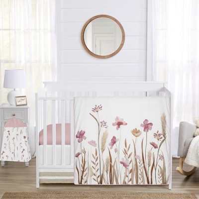 Product: Sweet Jojo Designs Boho Pink Floral Baby Crib Bedding Set for Girls - 4pc with Infant Nursery Blanket Sheet Skirt Diaper Stacker - Flower Garden Bohemian Farmhouse Wildflower Vintage Shabby Green