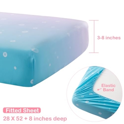 Mermaid Crib Bedding Set, 4 Piece Cartoon Quilt Fitted Sheet Crib Skirt Plush Toy, 28 x 52 inches 13 Product: TCOYIWL 4-Piece Crib Bedding Set for Boys Girls, Infant Toddler Nursery Baby Bedding Sets Includes Cartoon Quilt, Fitted Crib Sheet, Crib Skirt and Plush Toy (Mermaid)